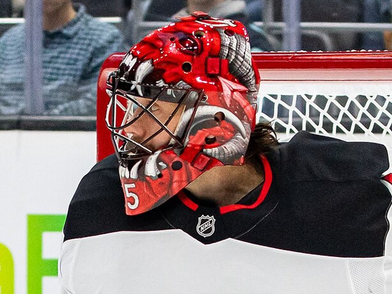 Photo of the Jacob Markstrom Jersey Devil helmet, 2024 season